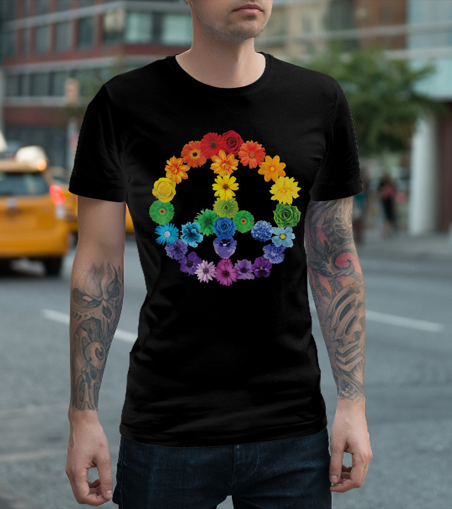 Spring Flowers Peace Sign Gerbera Daisies Roses Rainbow T-Shirt