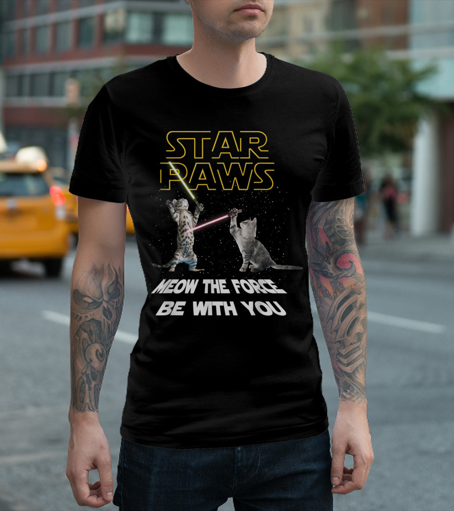 Star Paws Meow The Force Be With You Cats with Lightsabers T-Shirt