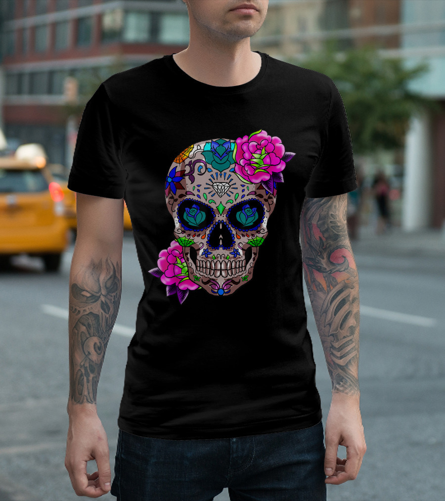 Sugar Skull Day Of The Dead Cool Bone Head Floral Roses Diamond Xc T-Shirt