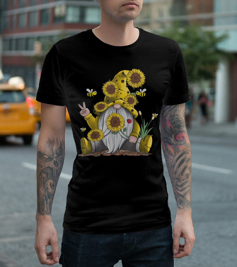 Sunflower Hippie Gnome with Bees and Ladybug Garden T-Shirt