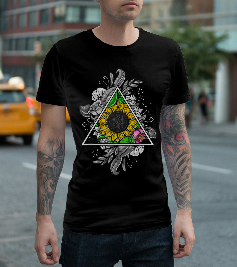Sunflower Sacred Geometry Floral Flower of Life Triangular Botanical T-Shirt