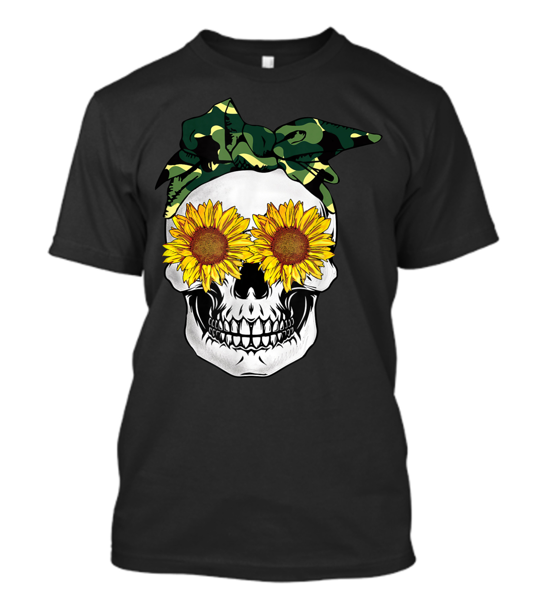 Sunflower Skull With Camouflage Bandana T-Shirt