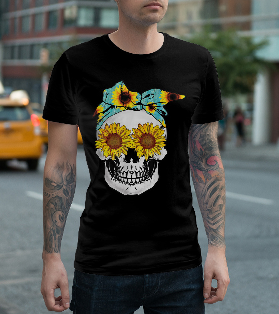 Sunflower Sugarskull with Floral Bandana T-Shirt