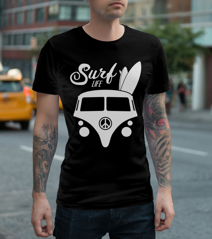 Surf Life Peace Van with Surfboards Hippy Surfer Vibes T-Shirt