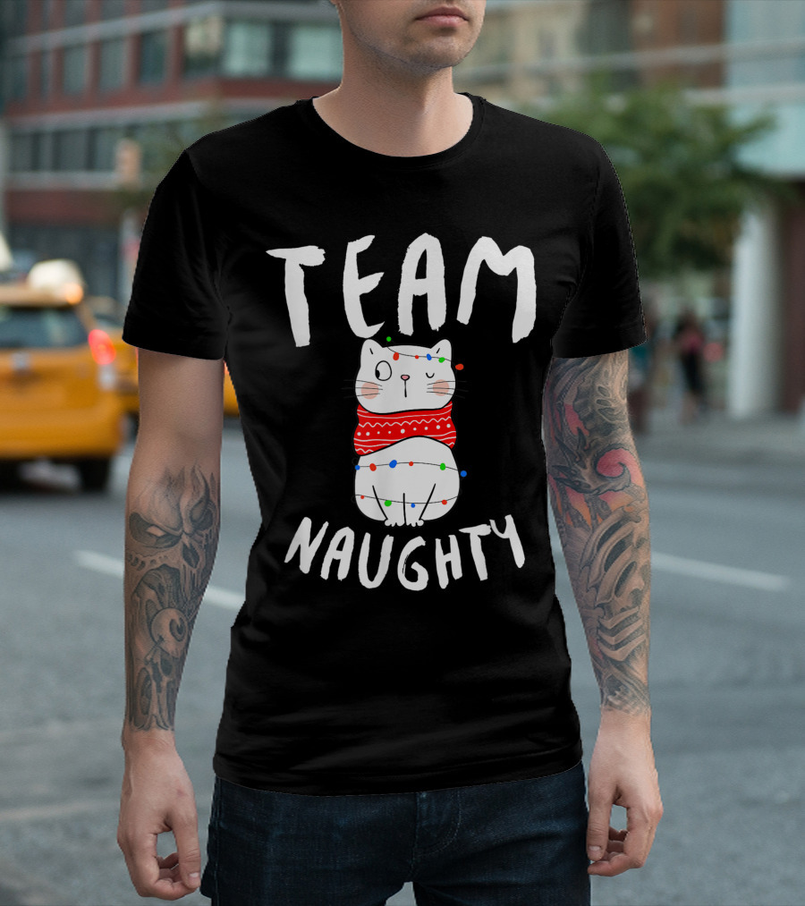 Team Naughty Christmas Cat In Festive Sweater With Lights T-Shirt