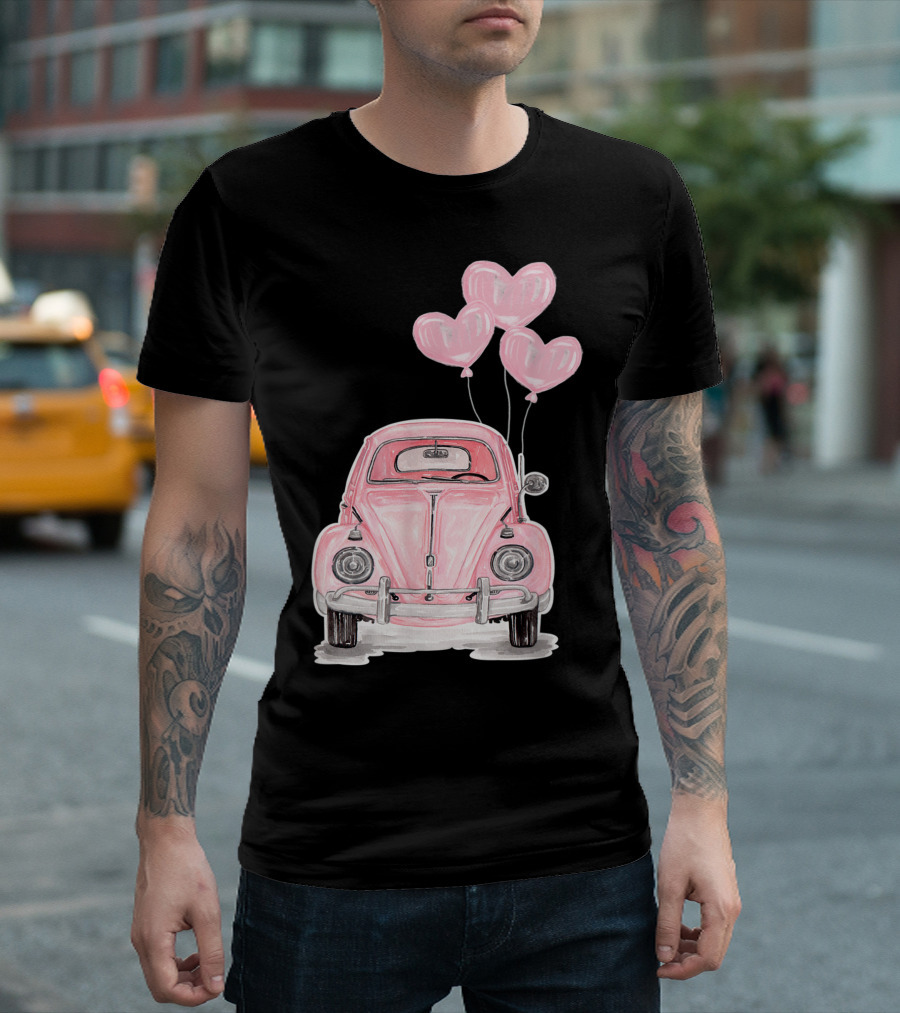 Pink Beetle Buggy with Heart Balloons for Hippie Auto Lovers T-Shirt