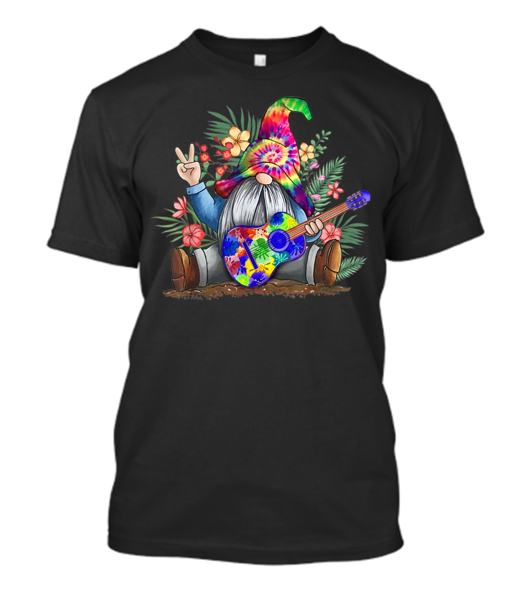 Tie Dye Hippie Gnome Peace Sign Guitar Colorful Flowers T-Shirt