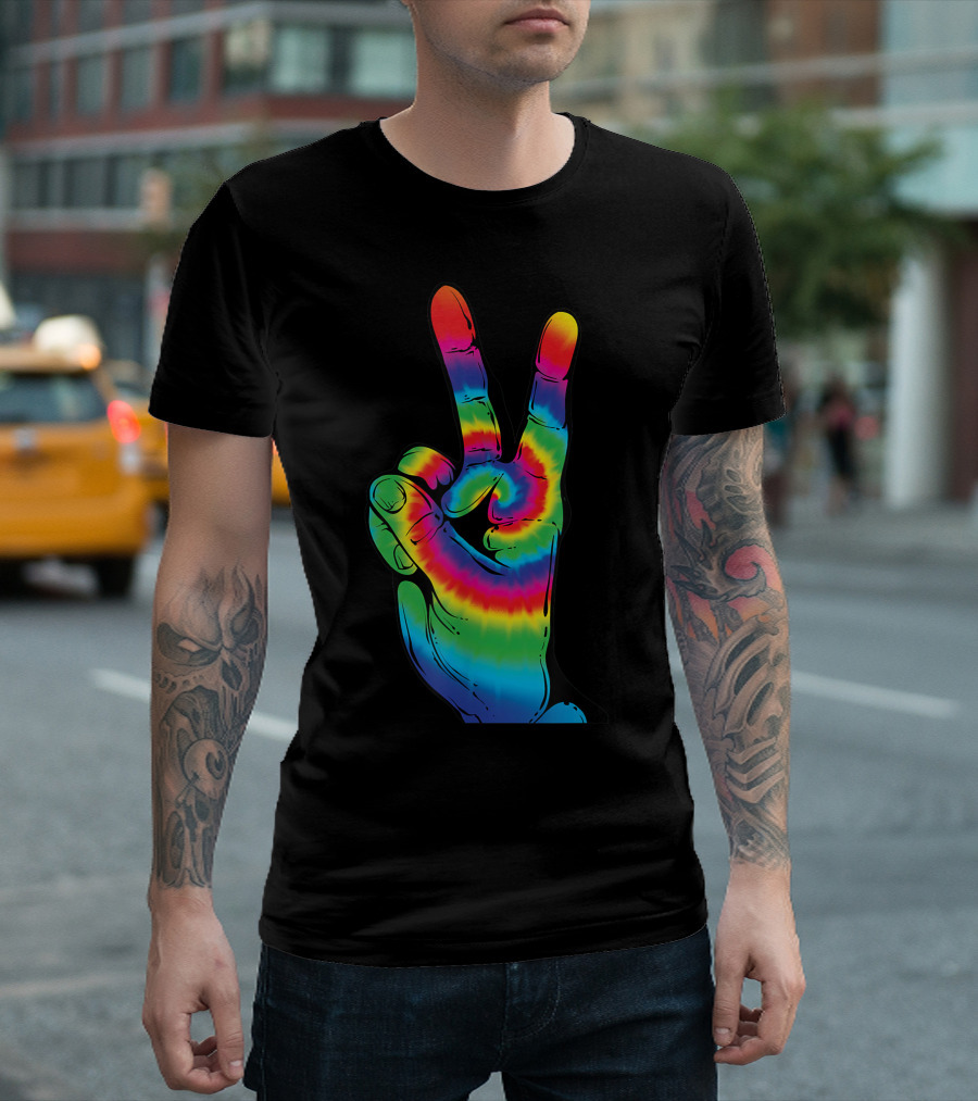 Tie Dye Peace V Hand Sign Rainbow Hippies T-Shirt
