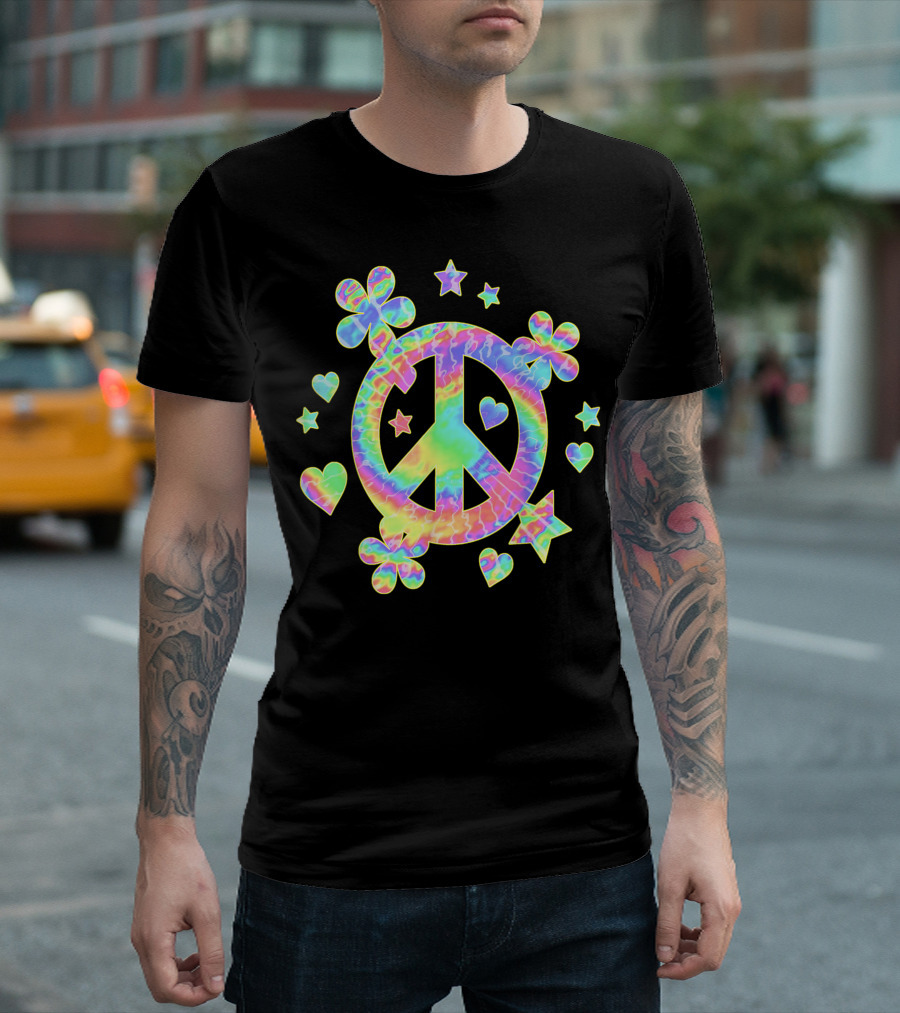 Tie Dye Peace Sign Colorful Love Hippie Flowers Stars Hearts T-Shirt
