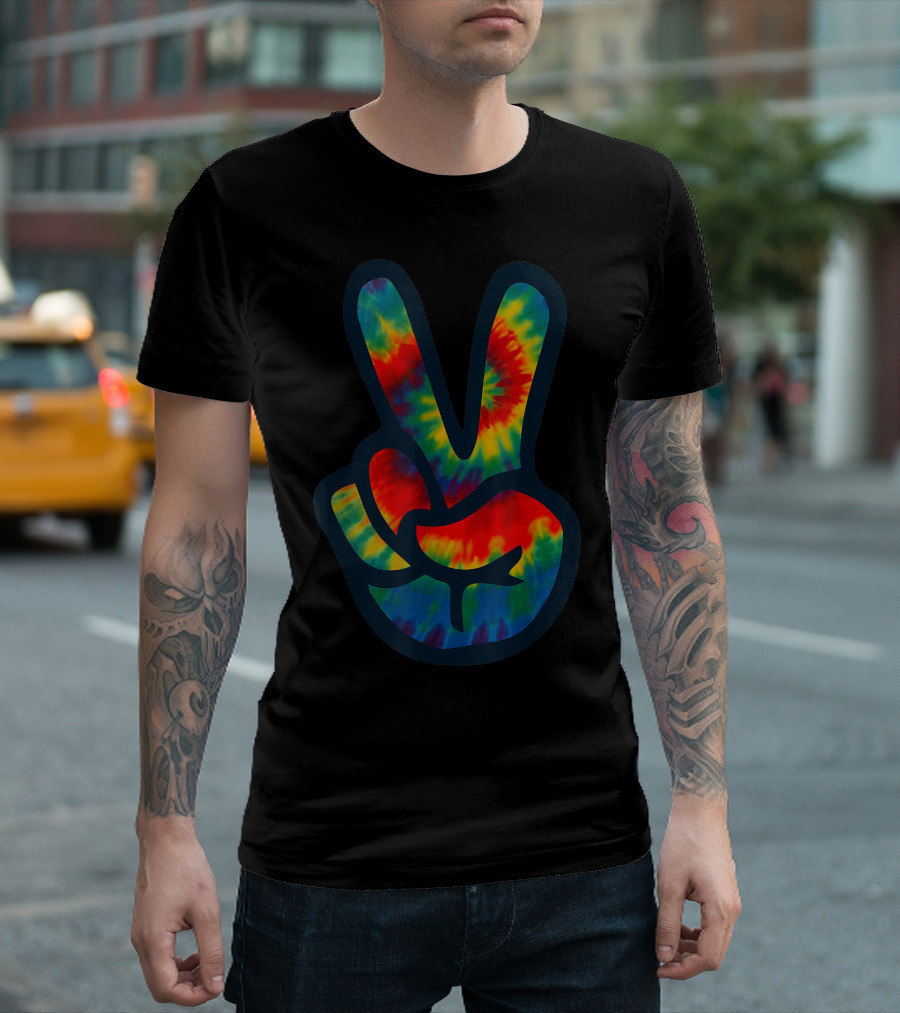 Tie Dye Peace Sign Hand Hippies V 9P Rainbow T-Shirt