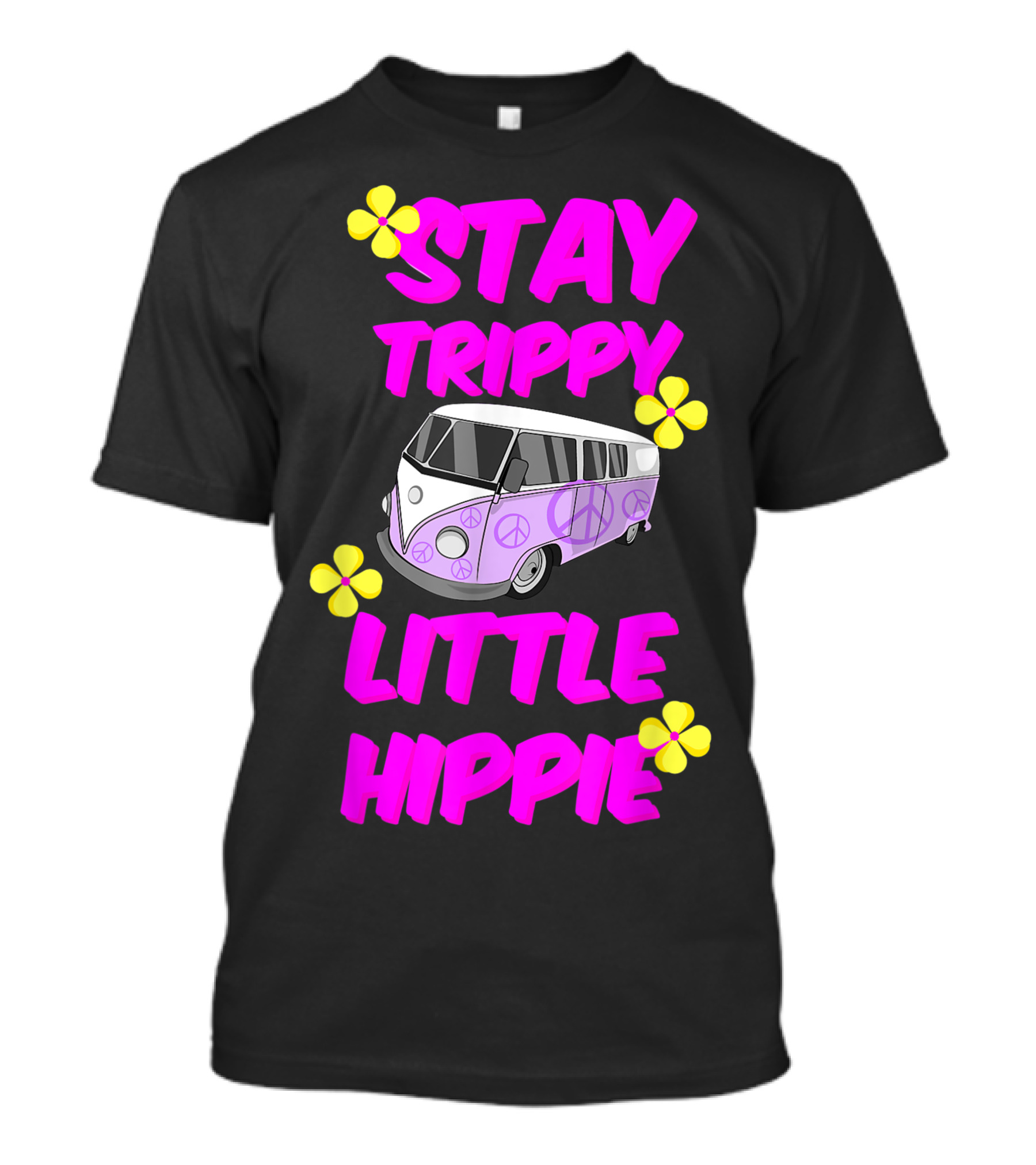 Stay Trippy Little Hippie Peace Sign Minibus Van Vibrant Flower Accents T-Shirt