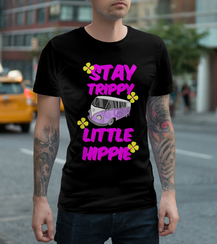 Stay Trippy Little Hippie Peace Sign Minibus Van Vibrant Flower Accents T-Shirt