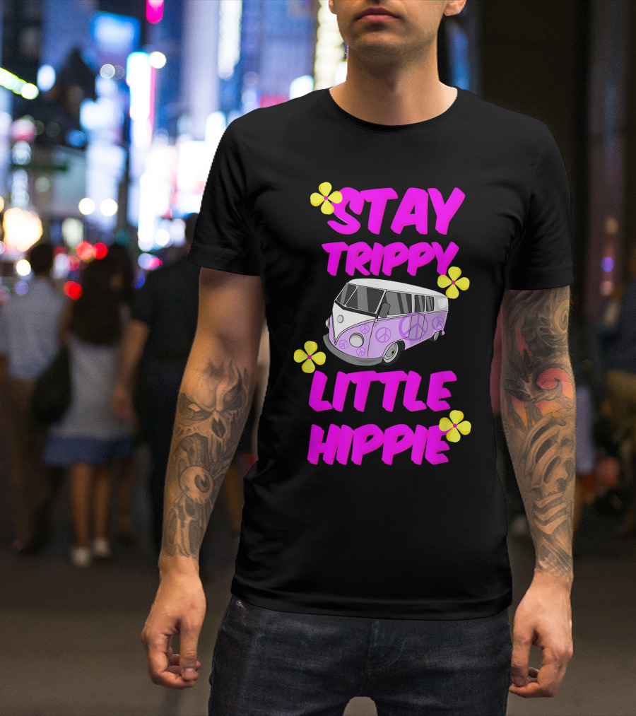 Stay Trippy Little Hippie Peace Sign Minibus Van Vibrant Flower Accents T-Shirt