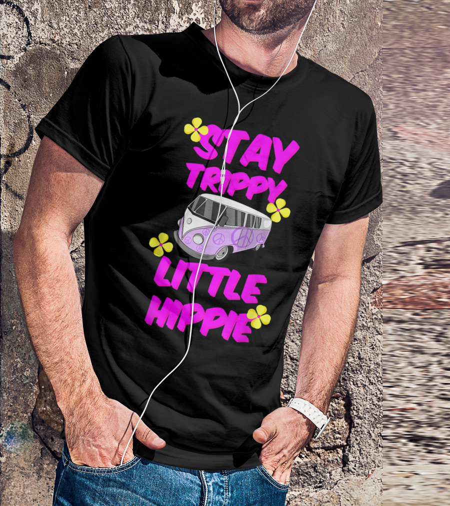 Stay Trippy Little Hippie Peace Sign Minibus Van Vibrant Flower Accents T-Shirt