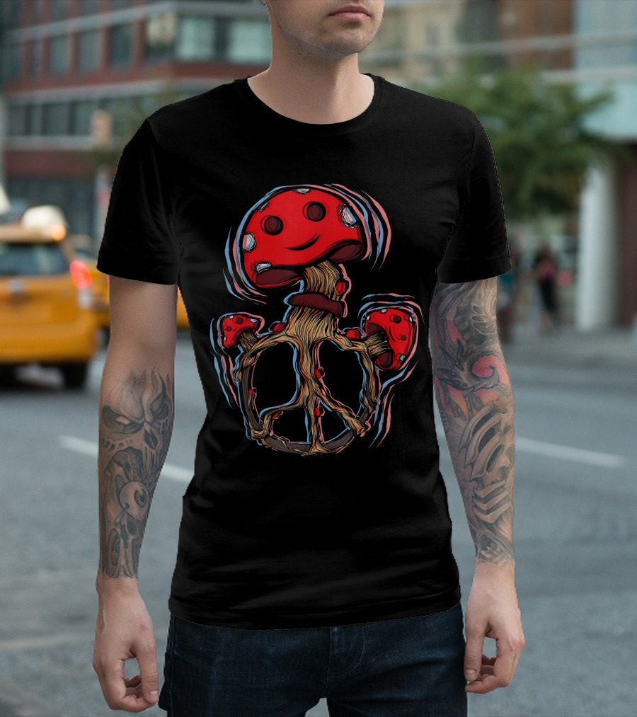 Trippy 70s Magic Mushrooms Peace Sign Shrooms T-Shirt