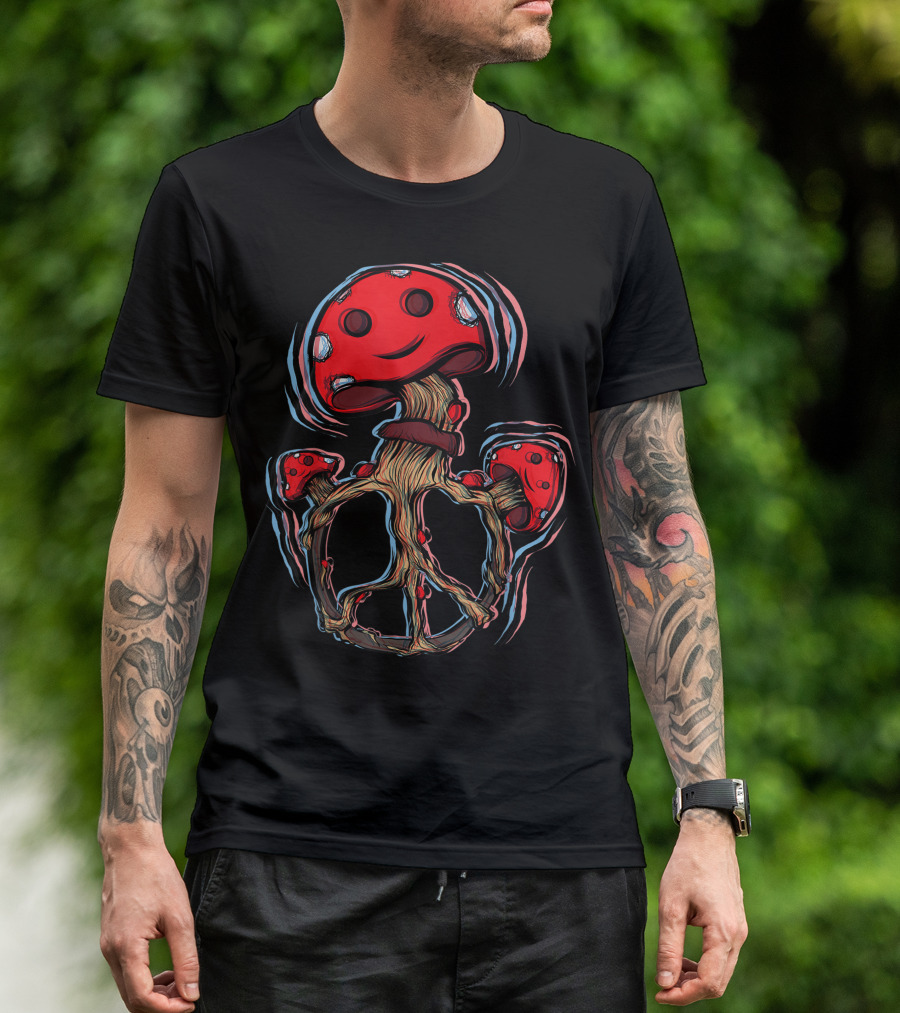 Trippy 70s Magic Mushrooms Peace Sign Shrooms T-Shirt