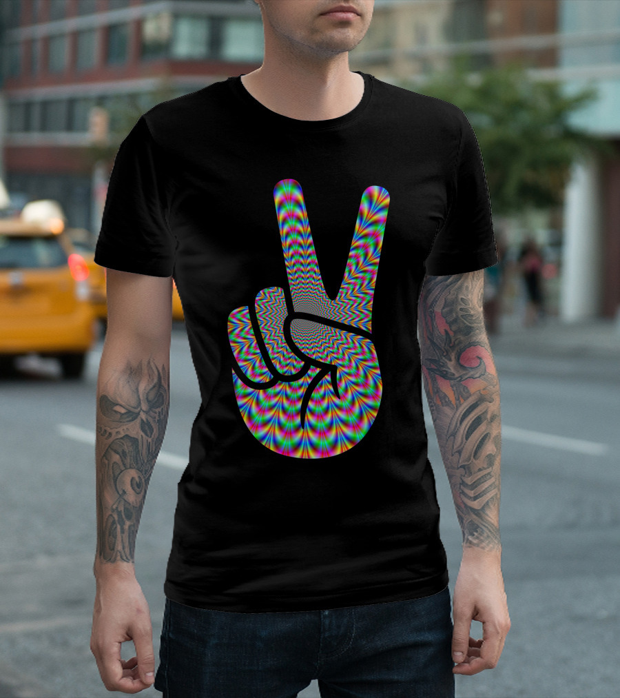 Trippy Peace Hand Sign Hippie Spirit 1969 Psychedelic Optical Illusion T-Shirt