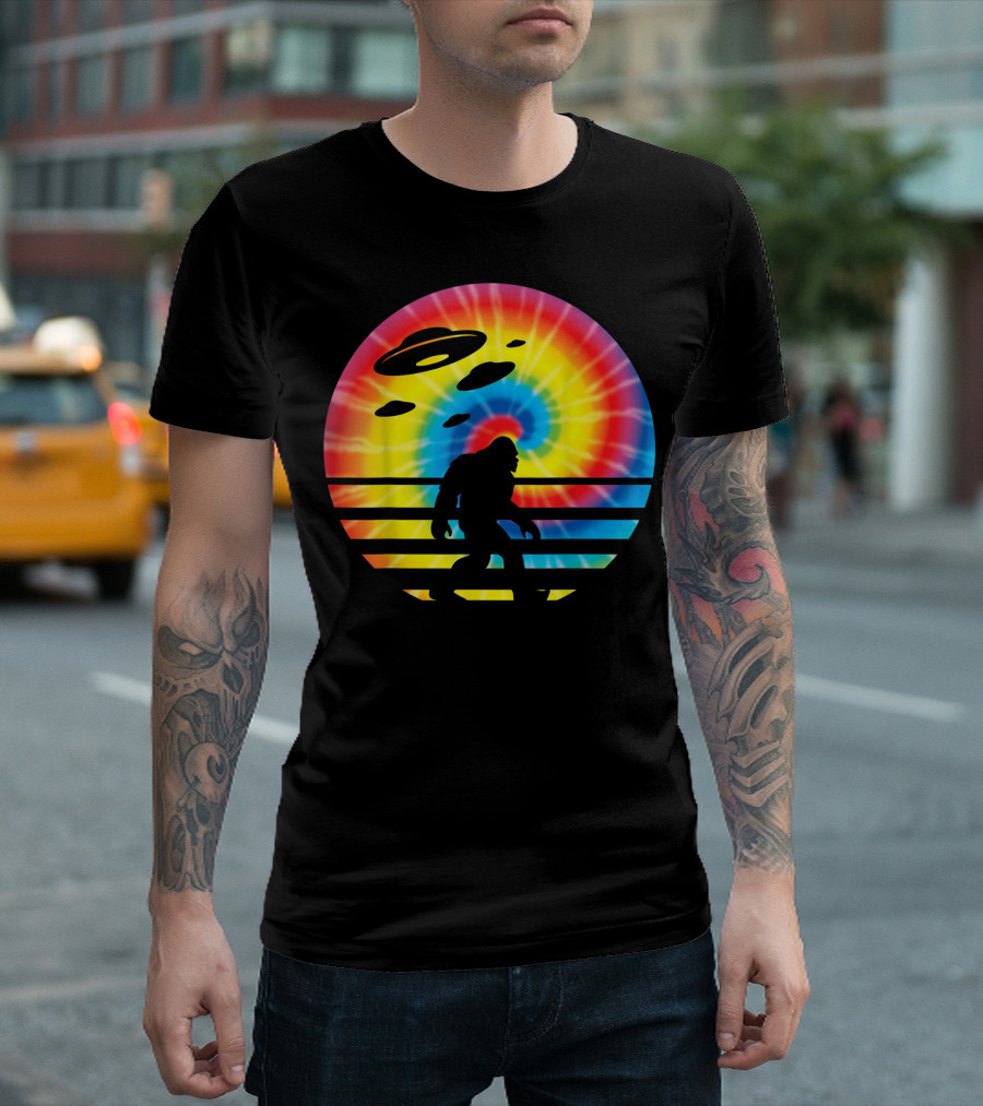 Unique Bigfoot UFO Abduction Rainbow Tie Dye T-Shirt