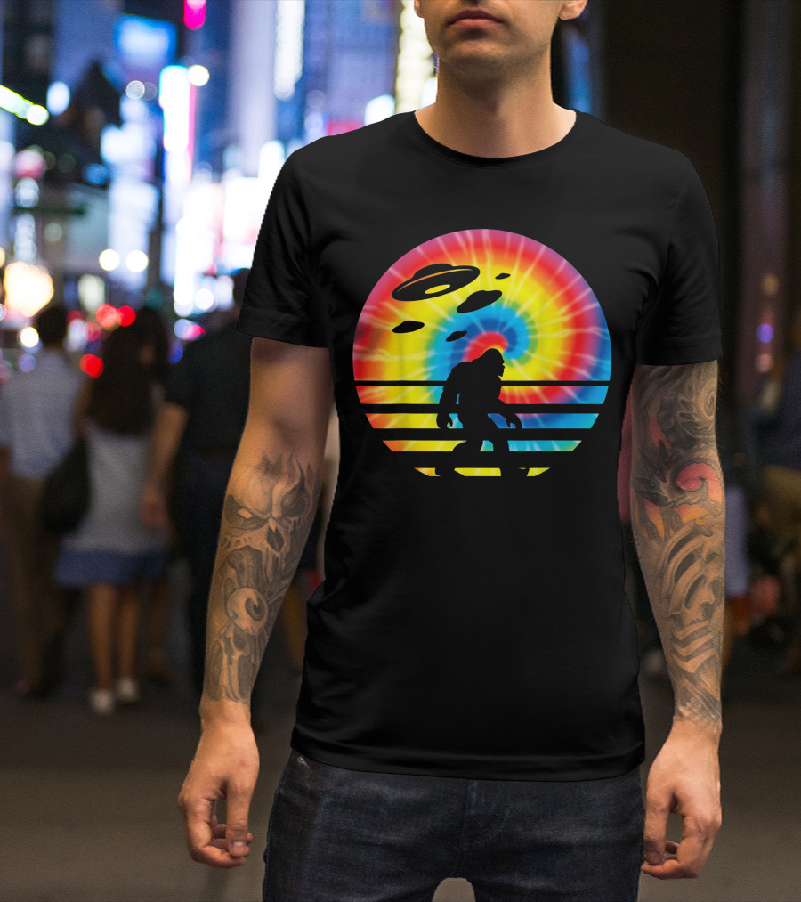 Unique Bigfoot UFO Abduction Rainbow Tie Dye T-Shirt