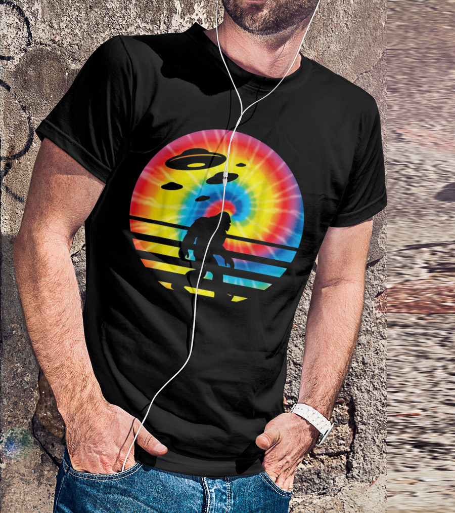 Unique Bigfoot UFO Abduction Rainbow Tie Dye T-Shirt