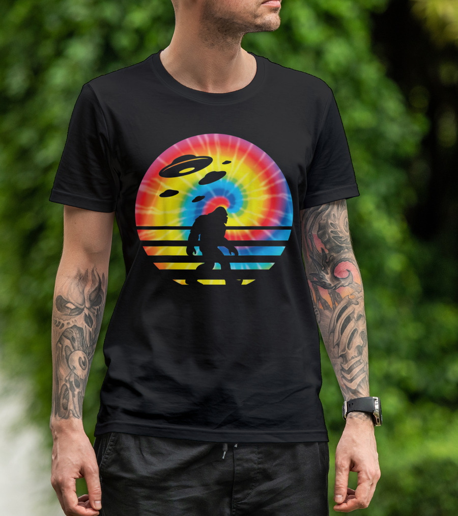 Unique Bigfoot UFO Abduction Rainbow Tie Dye T-Shirt