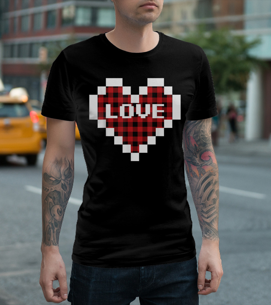 Valentines Day Buffalo Plaid Pixelated Love Heart Valentine T-Shirt