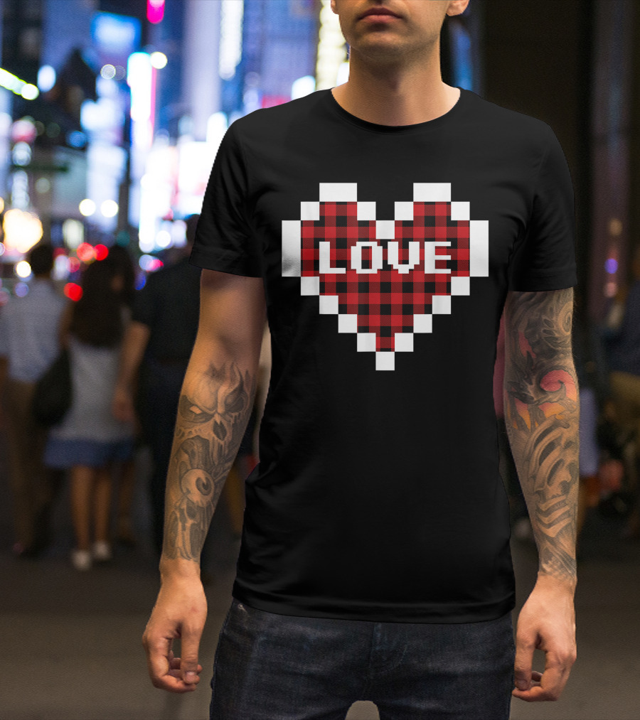 Valentines Day Buffalo Plaid Pixelated Love Heart Valentine T-Shirt