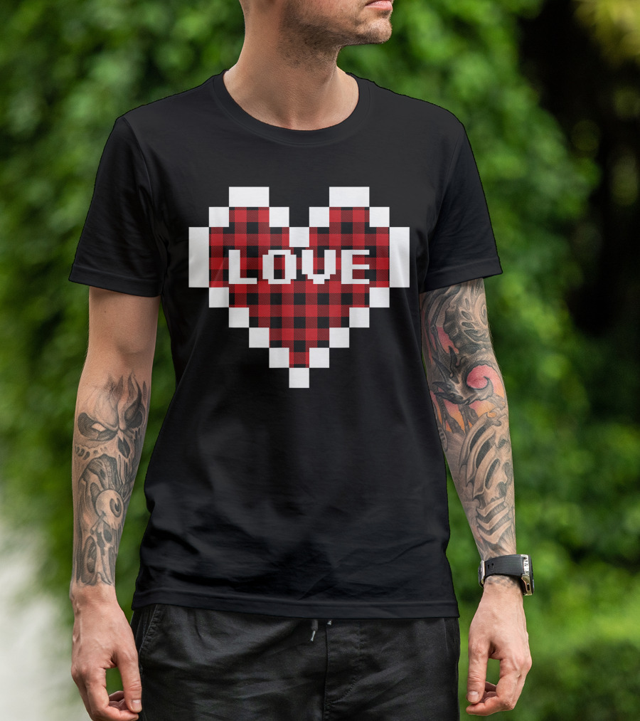 Valentines Day Buffalo Plaid Pixelated Love Heart Valentine T-Shirt