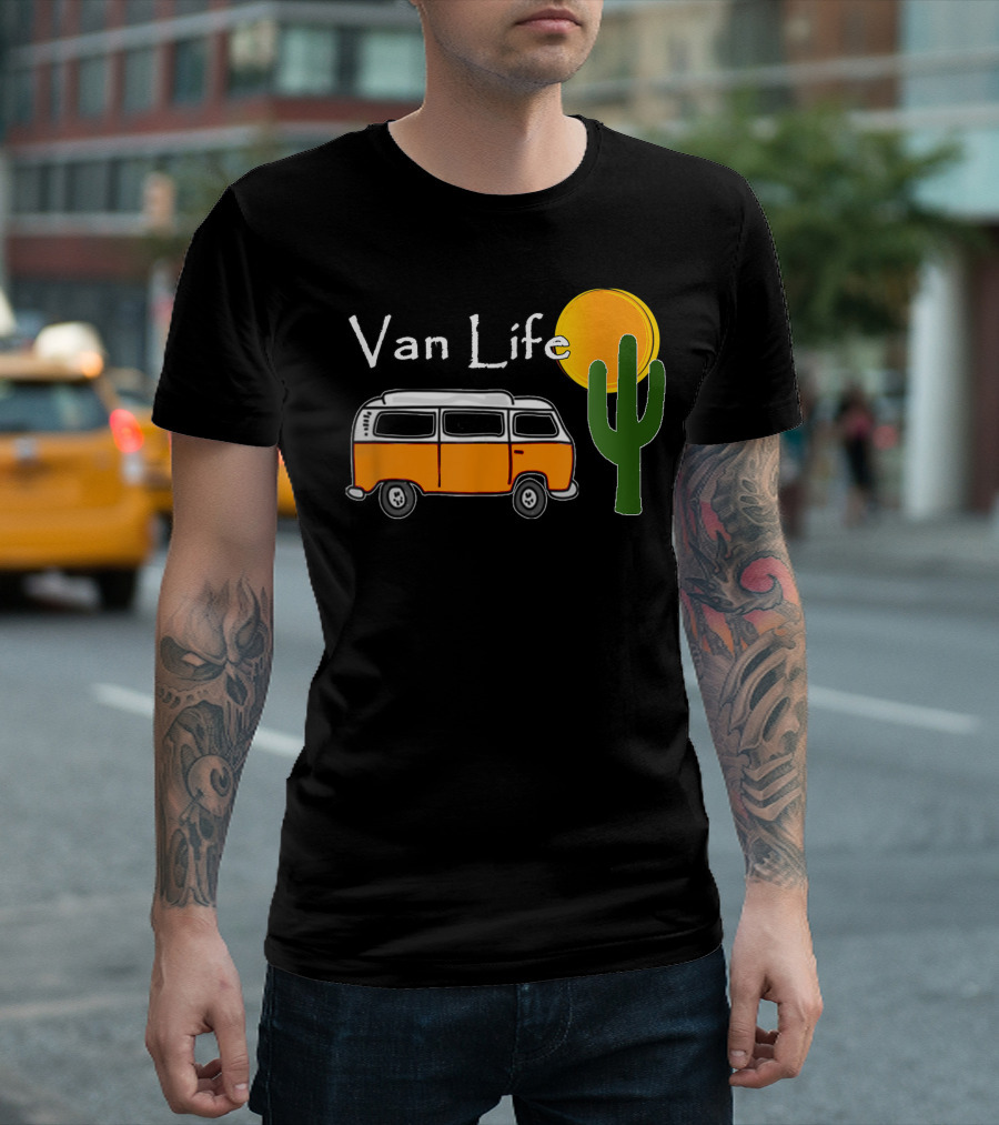 Van Life Vintage Bus with Cactus and Sun in Desert T-Shirt