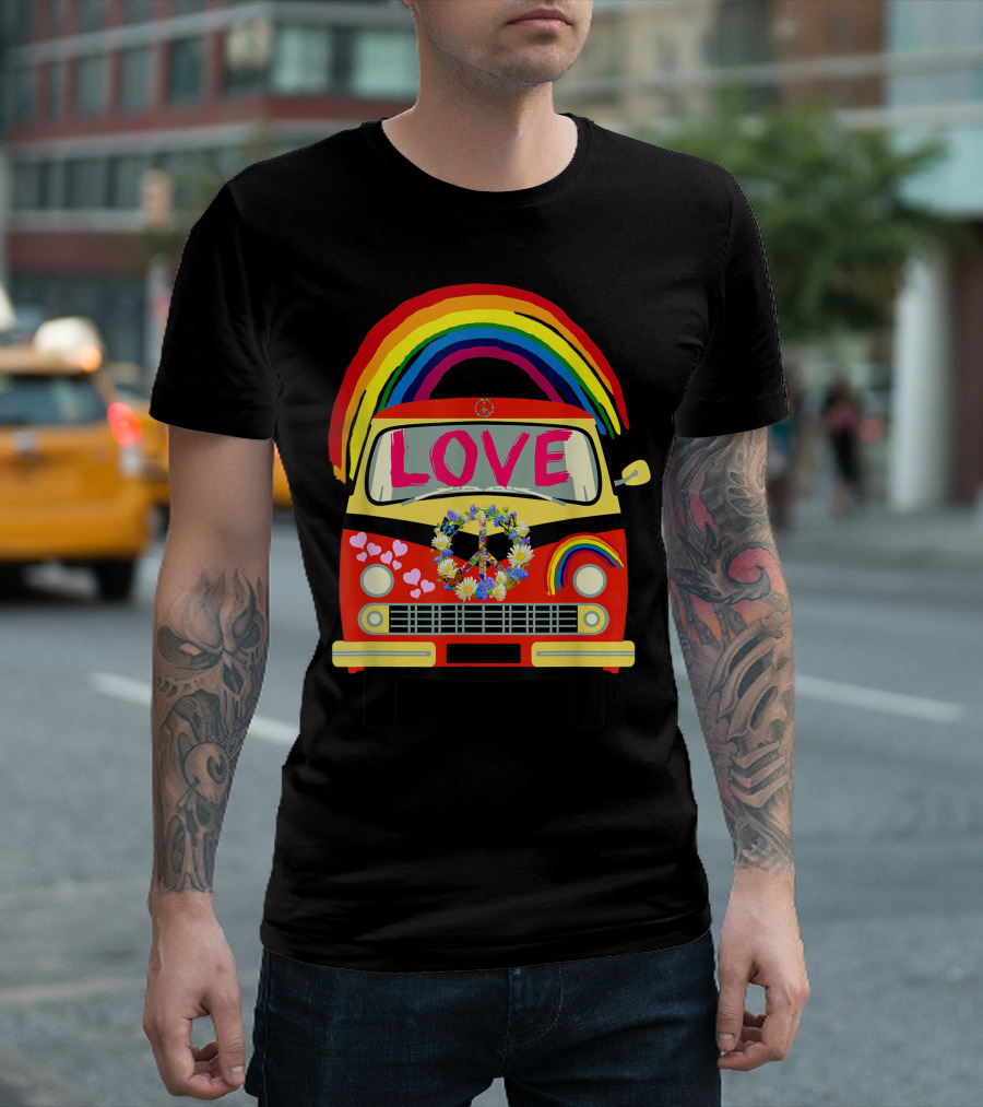 Vintage Hippie Bus Cute Van Rainbow Love Peace Symbol Hearts T-Shirt