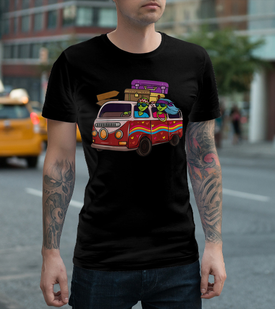 Hippie Van Journey with Flower Power Aliens Peace Sign T-Shirt