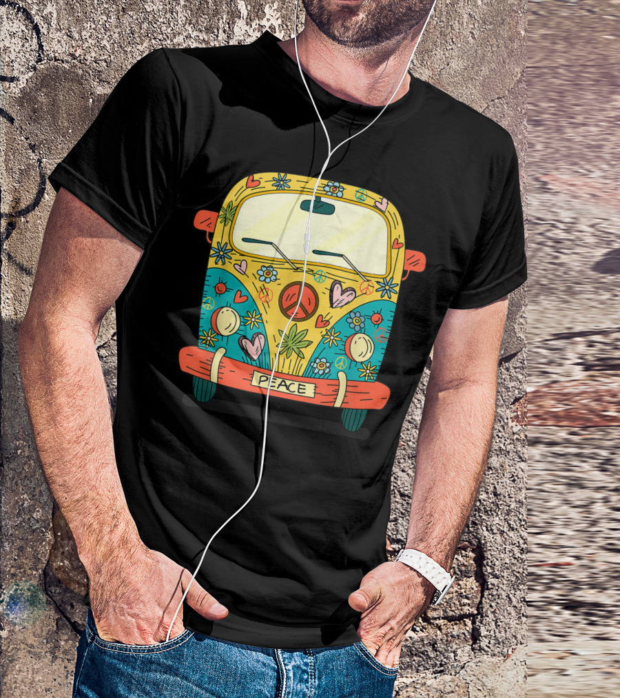 Psychedelic 60s 70s Vintage Hippie Van With Peace Sign And Flower Power T-Shirt