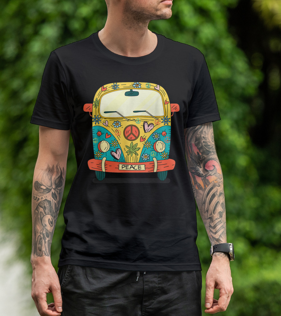 Psychedelic 60s 70s Vintage Hippie Van With Peace Sign And Flower Power T-Shirt