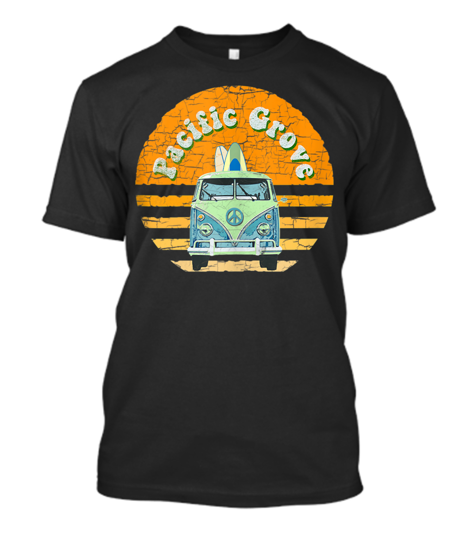 Pacific Grove Vintage Hippie Van With Peace Symbol And Surfboard Beach Scene T-Shirt