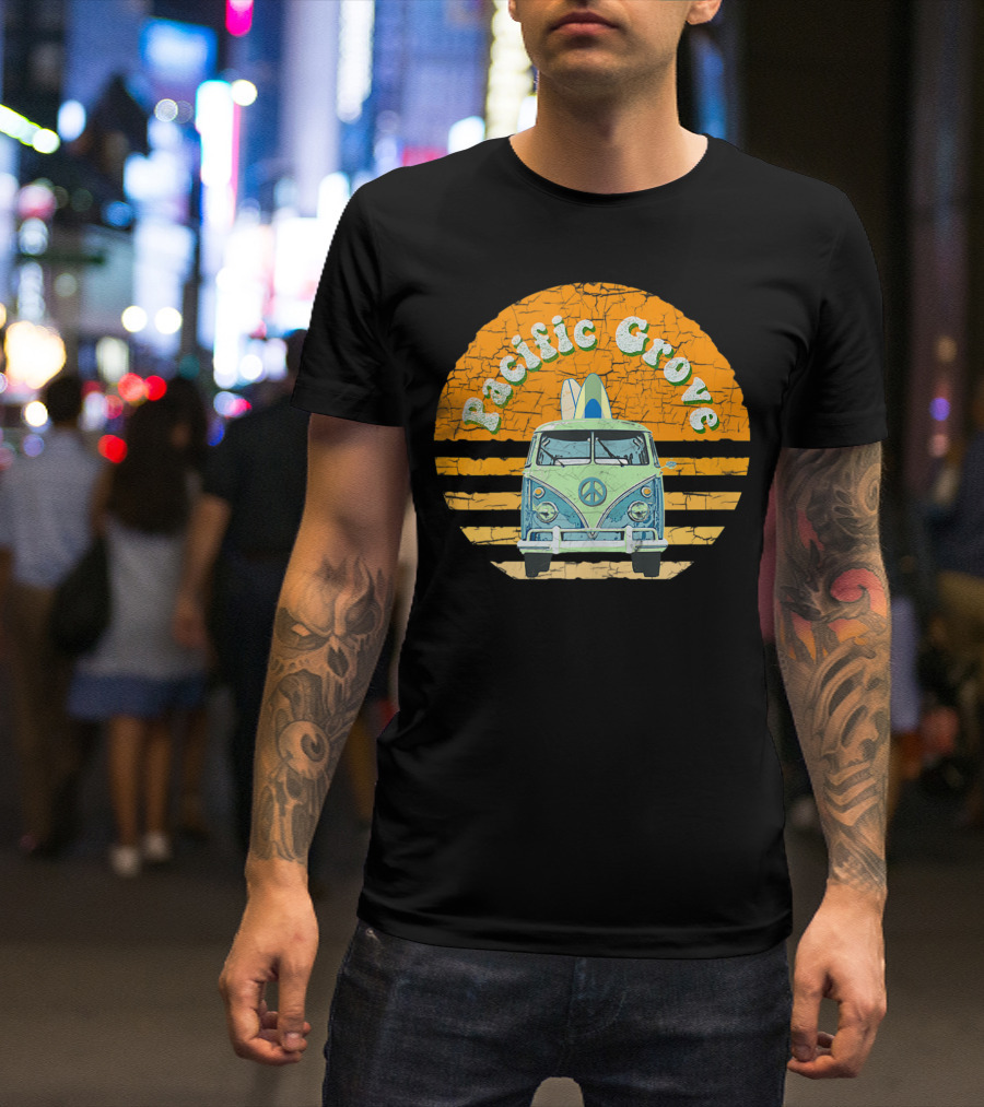 Pacific Grove Vintage Hippie Van With Peace Symbol And Surfboard Beach Scene T-Shirt