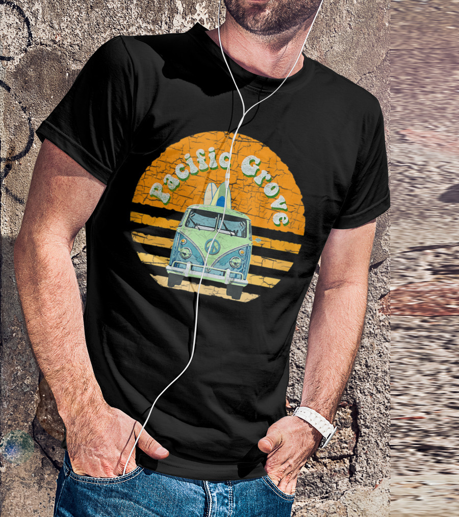 Pacific Grove Vintage Hippie Van With Peace Symbol And Surfboard Beach Scene T-Shirt