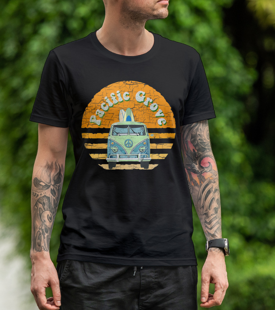 Pacific Grove Vintage Hippie Van With Peace Symbol And Surfboard Beach Scene T-Shirt