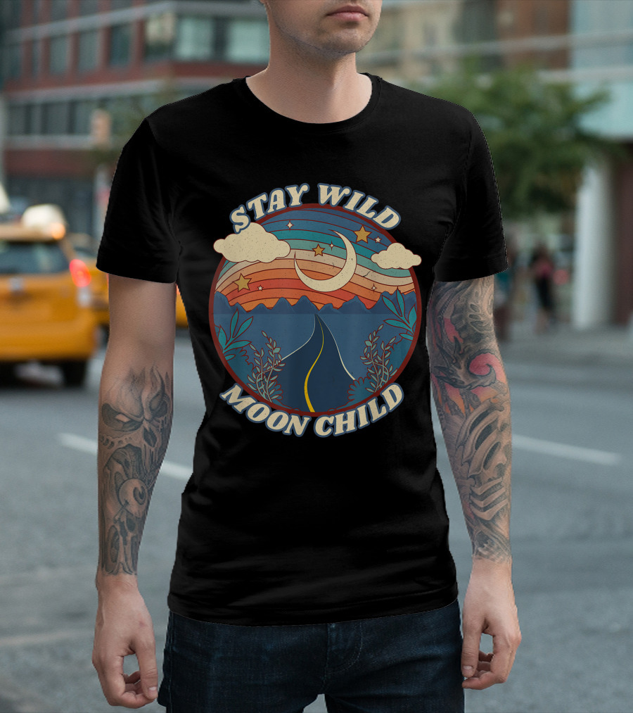 Stay Wild Moon Child Vintage Boho Peaceful Mountains And Stars Retro T-Shirt