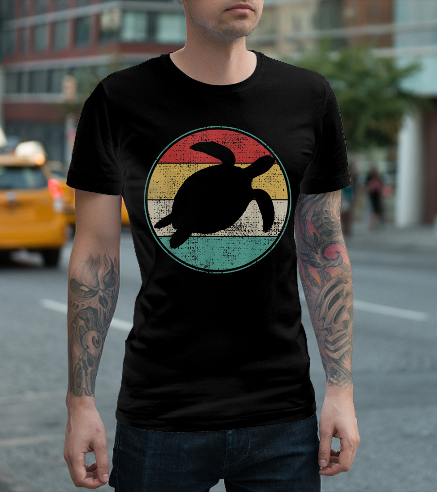 Vintage Waterturtle Silhouette Retro Marine Biologist Tortoise Stripes T-Shirt