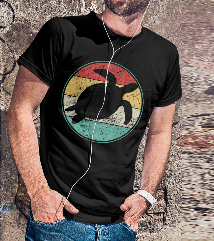 Vintage Waterturtle Silhouette Retro Marine Biologist Tortoise Stripes T-Shirt