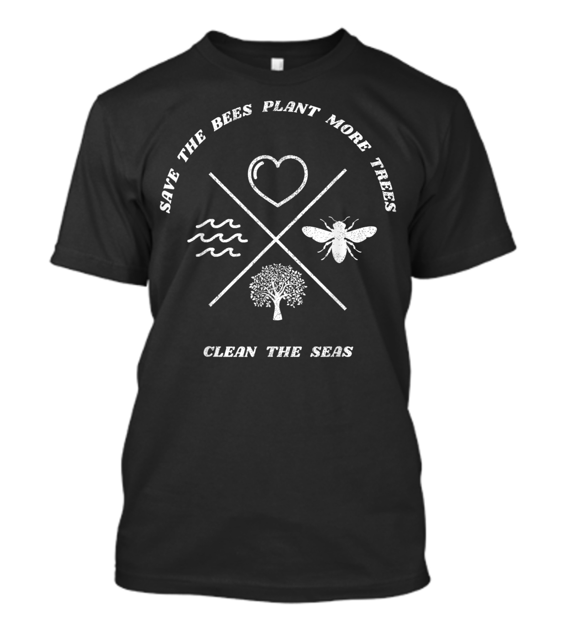Save The Bees Plant More Trees Clean The Seas Vintage Heart Waves Insect Tree T-Shirt
