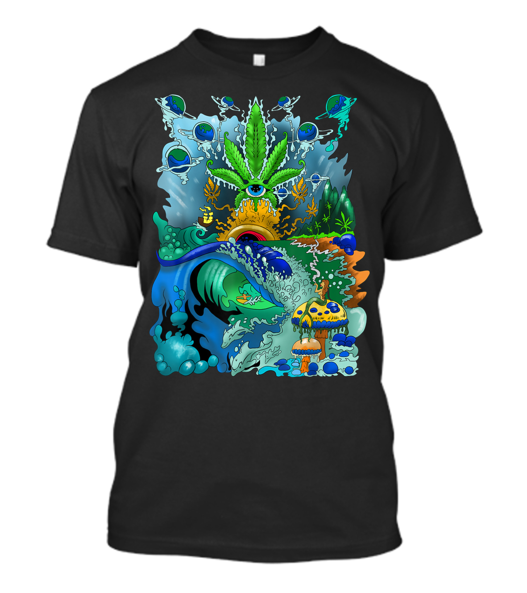 Hippie Trippy Surfer Cannabis Stoner Weed Art Psychedelic Ocean Mushrooms Waves T-Shirt