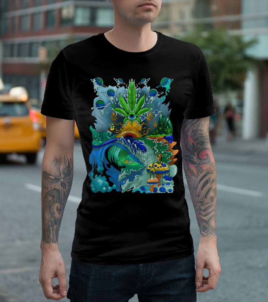 Hippie Trippy Surfer Cannabis Stoner Weed Art Psychedelic Ocean Mushrooms Waves T-Shirt