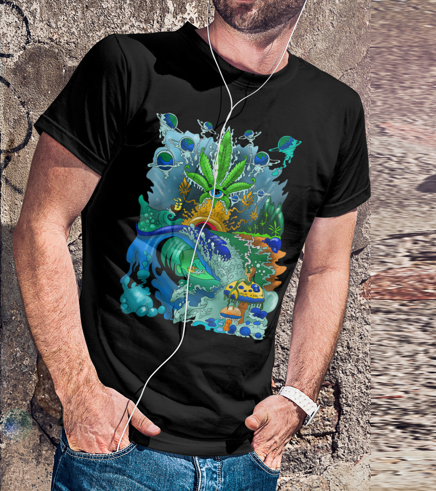 Hippie Trippy Surfer Cannabis Stoner Weed Art Psychedelic Ocean Mushrooms Waves T-Shirt