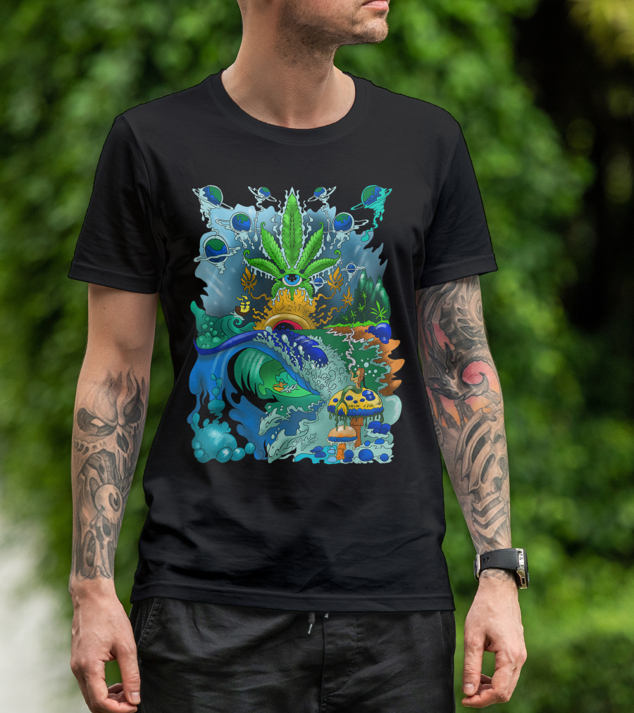 Hippie Trippy Surfer Cannabis Stoner Weed Art Psychedelic Ocean Mushrooms Waves T-Shirt