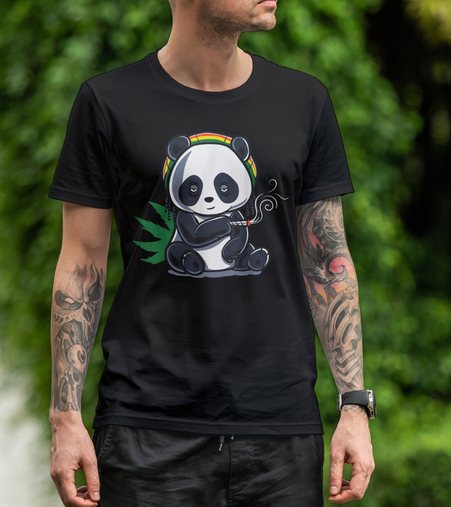 Weed Smoking Panda Marijuana Cannabis Stoner With Rasta Hat And Joint T-Shirt