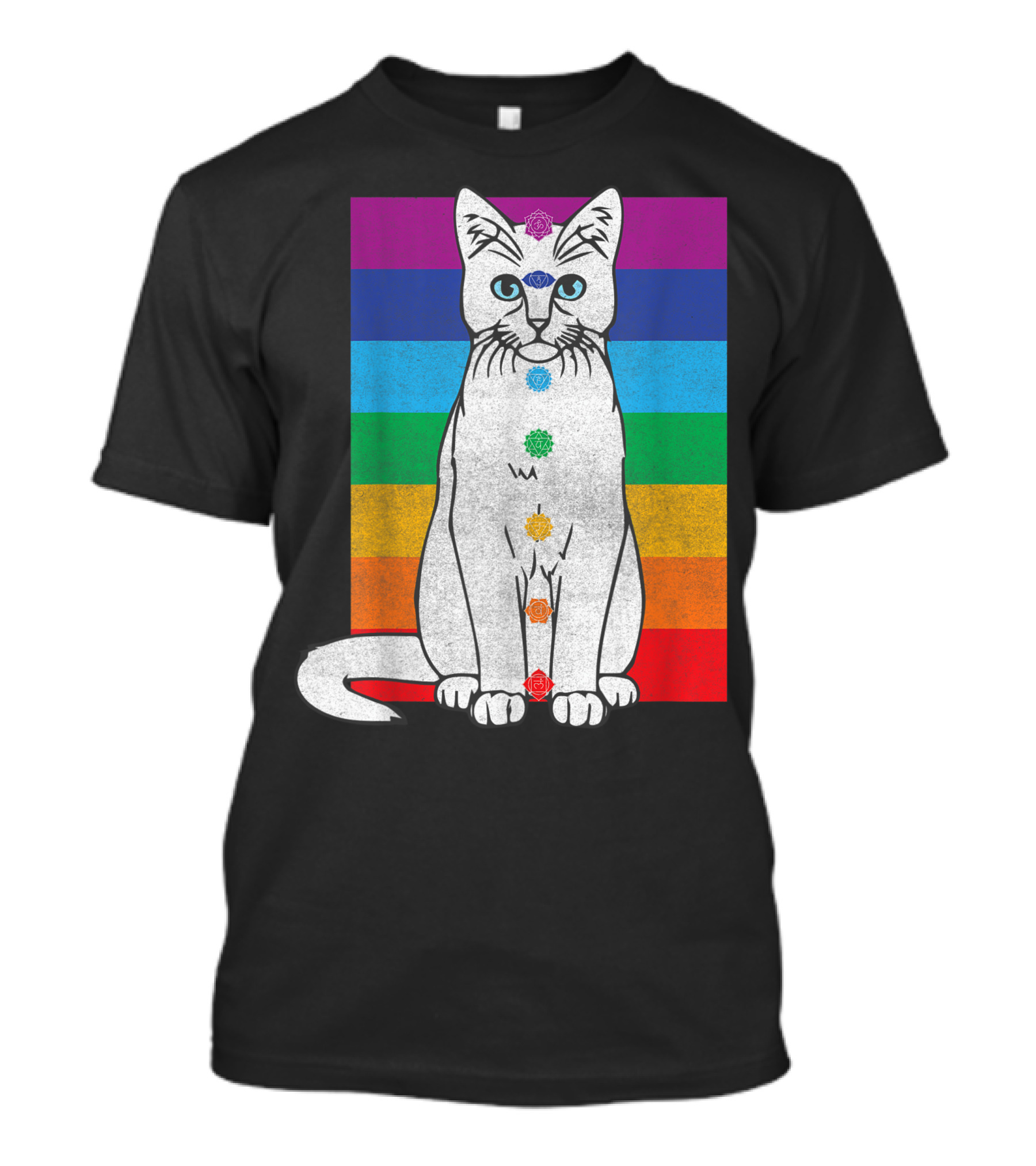 Wiccan Chakra Cat With Rainbow Tapestry And Meditating Tarot Elements T-Shirt