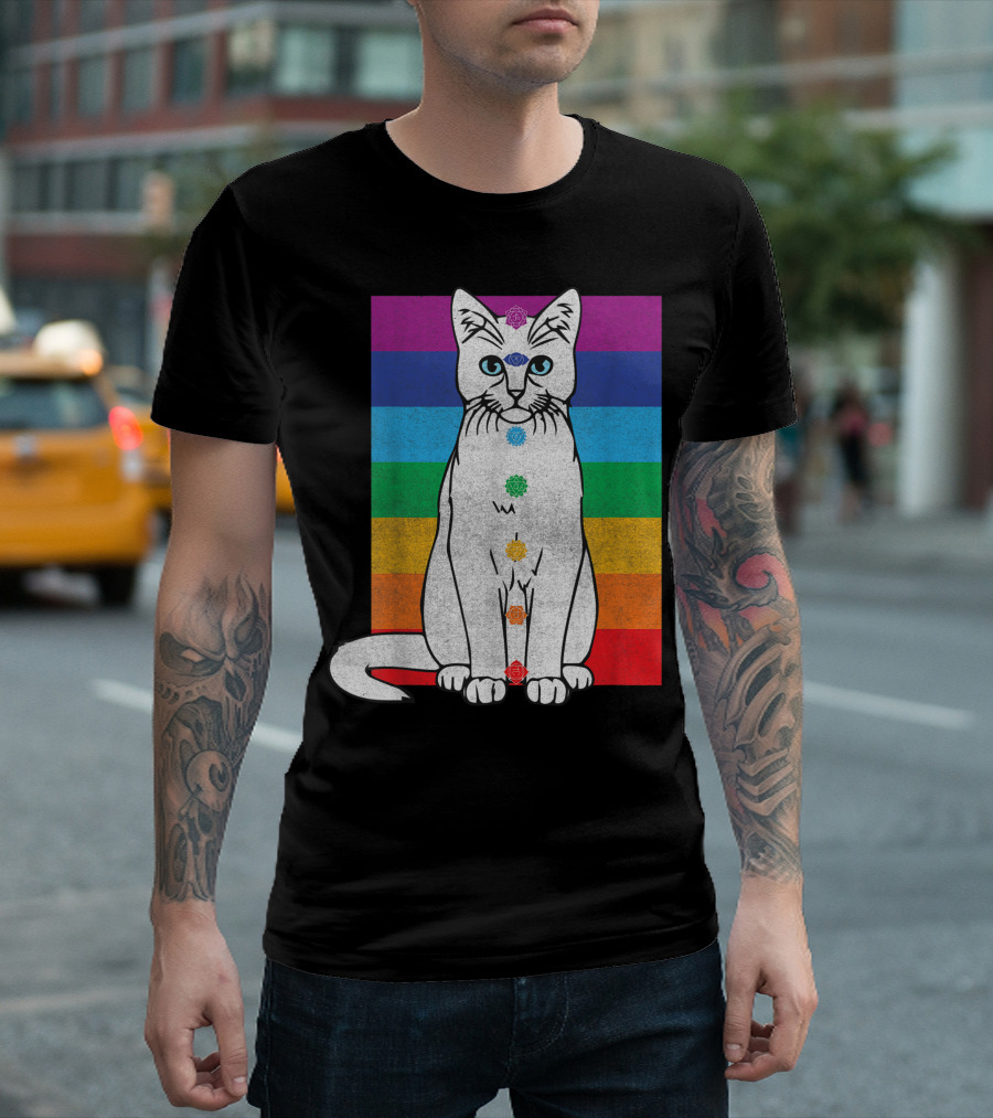Wiccan Chakra Cat With Rainbow Tapestry And Meditating Tarot Elements T-Shirt