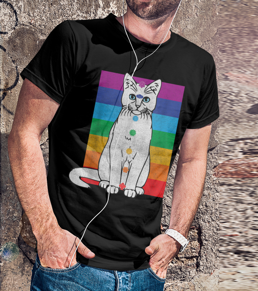 Wiccan Chakra Cat With Rainbow Tapestry And Meditating Tarot Elements T-Shirt
