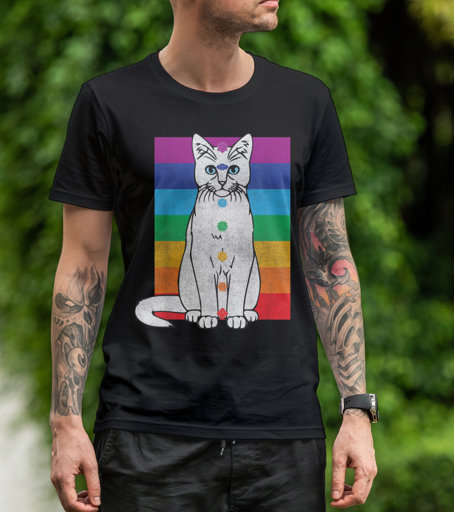 Wiccan Chakra Cat With Rainbow Tapestry And Meditating Tarot Elements T-Shirt